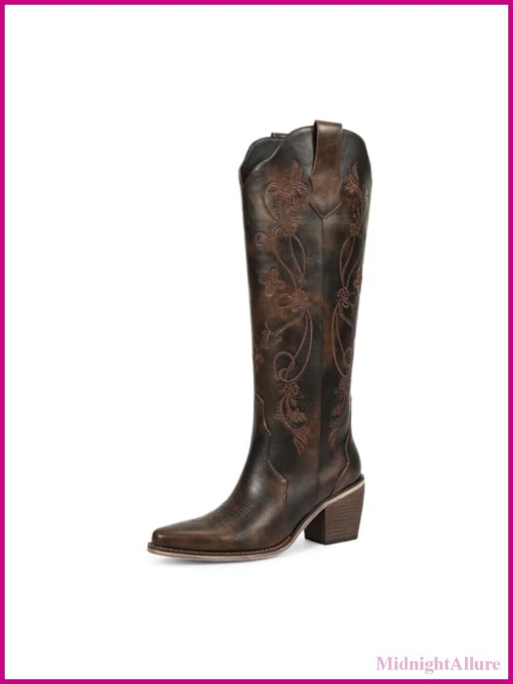 wetkiss Knee High Cowboy Boots Embroidered Pointed Toe Faux Leather